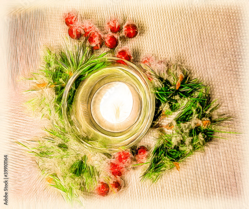 New Year's wreath of fir branches and bright red berries with a glass candlestick and a candle. christmas composition