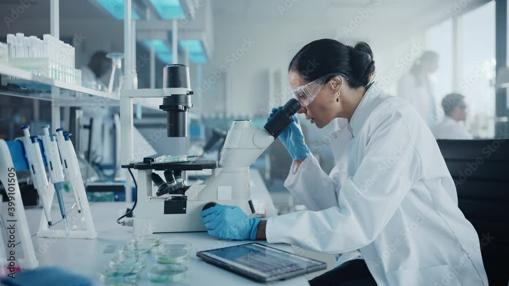 Medical Development Laboratory: Portrait of Beautiful Caucasian Female Scientist Looking Under Microscope, Analyzes Petri Dish Sample. People do Medicine, Biotechnology Research in Advanced Lab