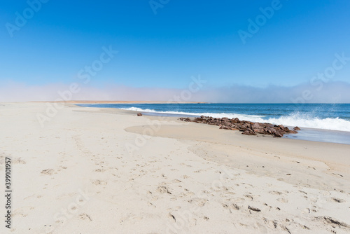 Sandy beach and coast line on the Atlantic ocean at Cape Cross  Namibia  famous for the nearby seal colony. Clear blue sky.