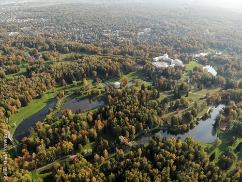 Walk autumn park crown and leafs yellow tree  Temple Friendship  Pavlovsk Park