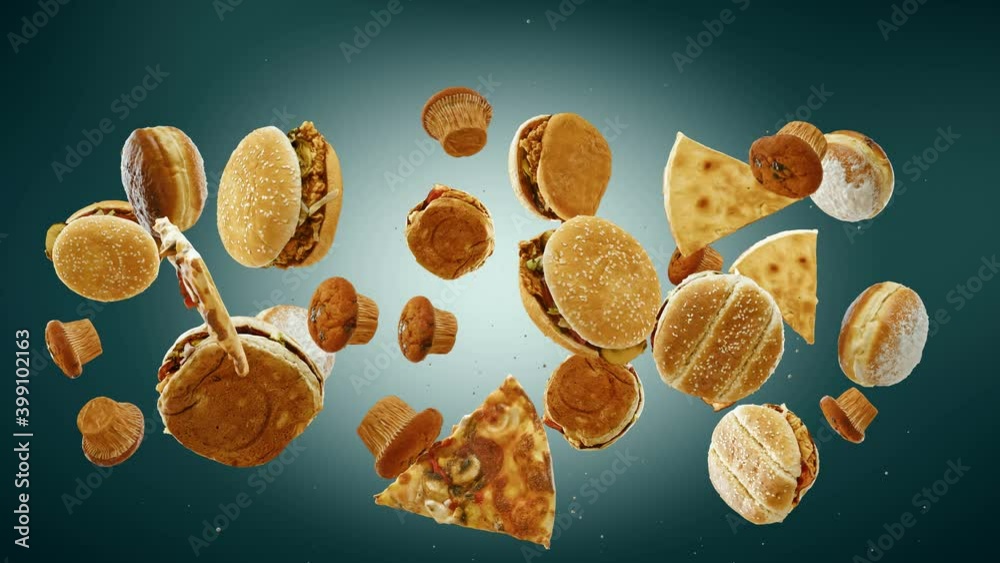 Flying of hamburger, slices of pizza and sweets or Junk Food in teal Background. Speed up and falling down junk food with green screen. Professional slow motion 4K animation.
