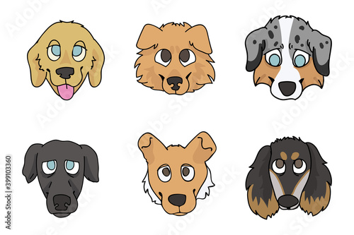 Cute cartoon puppy breed set vector clipart. Pedigree kennel rough collie, golden retriever for dog lovers. Purebred greyhound smooth collie and borzoi illustration. Isolated hunting hound. 