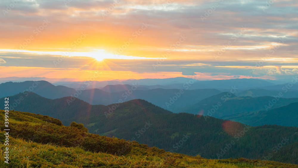 Colorful landscape of sunset in the mountains , scenic wild nature, Carpathians, Ukraine