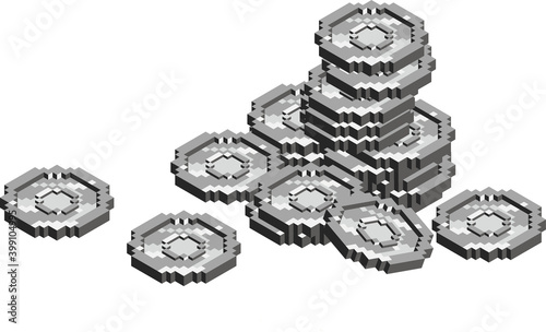 Coins stack vector isometry illustration, flat coin money stacked icon flat, silver penny cash pile, treasure heap isolated