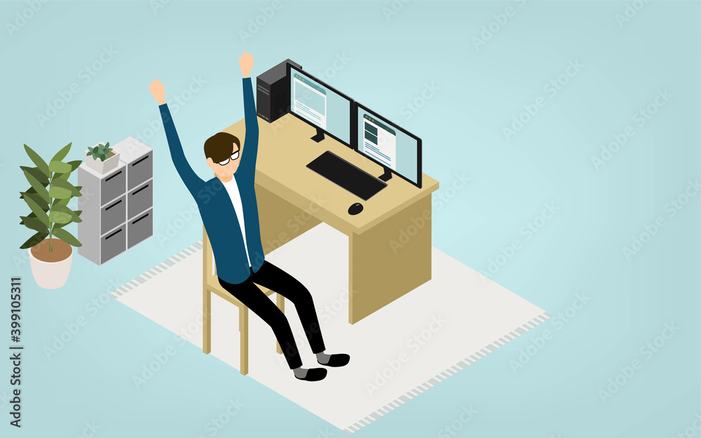 Isometric, teleworking where people working at home stretch
