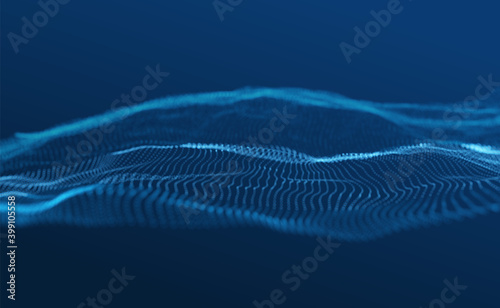 Blue particles wave background. Abstract dynamic mesh. Big data technology. Vector grid illustration.