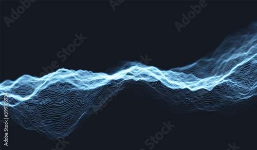 Blue glowing particles background. Futuristic wave technology illustration.