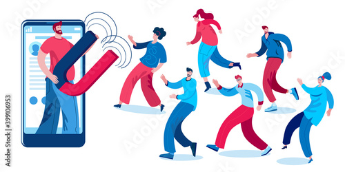 A man with a magnet to attract subscribers to your account. Concept of a vector illustration on the topic of promotion in social networks.