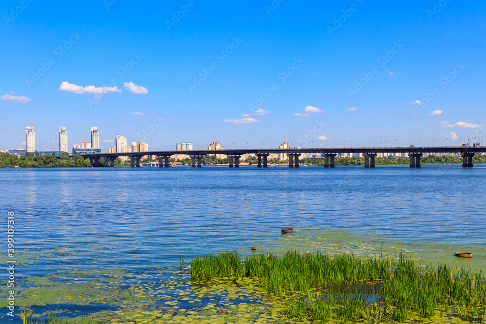 View of Paton bridge and the Dnieper river in Kiev, Ukraine