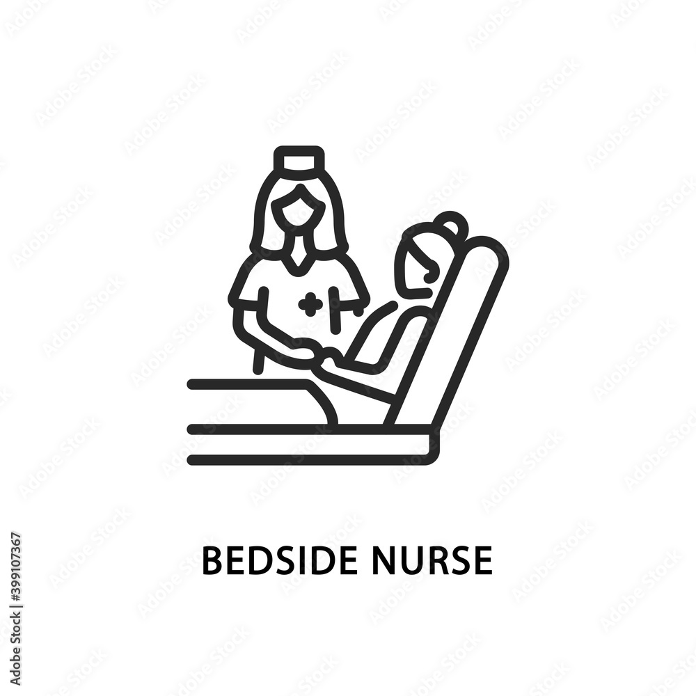 Bedside nurse flat line icon. Vector illustration a nurse taking care of a bedridden patient Bedside nurse flat line icon. Vector illustration a nurse taking care of a bedridden patient