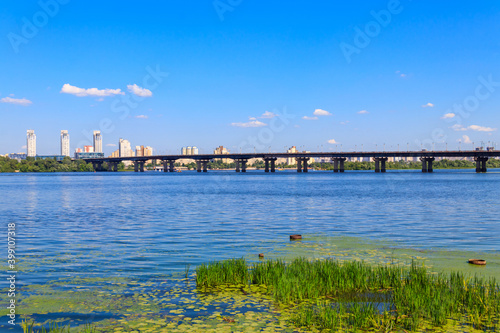 View of Paton bridge and the Dnieper river in Kiev, Ukraine © olyasolodenko