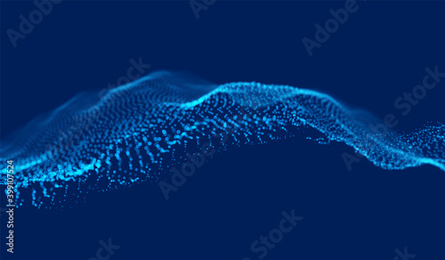 Blue glowing particles background. Futuristic wave technology illustration.
