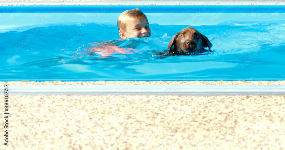 Little boy playing with a dog by the pool. Labrador puppy with baby in the garden.