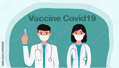 Young attractive doctor with a syringe. Making an injection. Portrait of doctor and nurse in medical masks. Doctor prevents epidemic. Vaccination concept. Flat vector illustration. Covid19