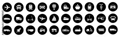 Transport, vehicle and delivery icons button set. Flat shipping delivery symbols in black circles – stock vector