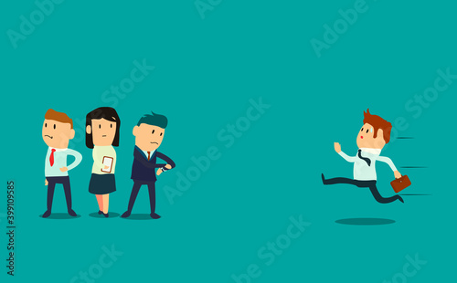 Illustration of the businessman late running to work in a hurry while his coworkers waiting for him. Flat style vector illustration of lateness.