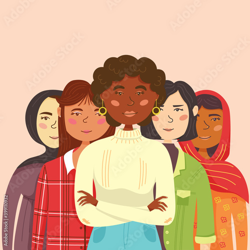 United community of women of different nationalities stand behind each other. Women's independence day. Holiday March 8. Vector isolated female characters. Flat style