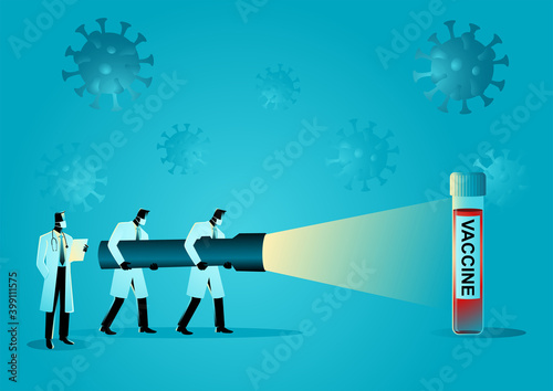Team of Medical Researcher holding a giant flashlight looking for a vaccine