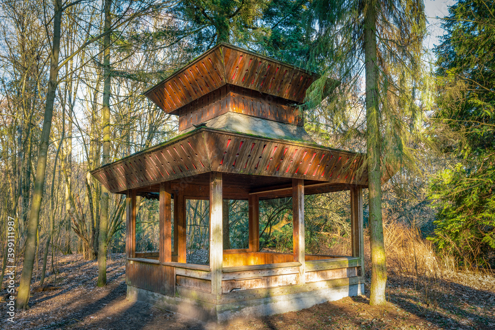 Ruins of an abandoned wooden chinese pavillion in a forest on a bright winter day Ruins of an abandoned wooden chinese pavillion in a forest on a bright winter day