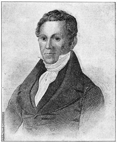 Portrait of Vincenz Priessnitz - the founder of modern hydrotherapy, which is used in alternative and orthodox medicine. Illustration of the 19th century. Germany. White background. photo
