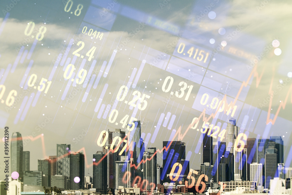 Multi exposure of virtual creative financial chart hologram on Los Angeles skyscrapers background, research and analytics concept Multi exposure of virtual creative financial chart hologram on Los Angeles skyscrapers background, research and analytics concept