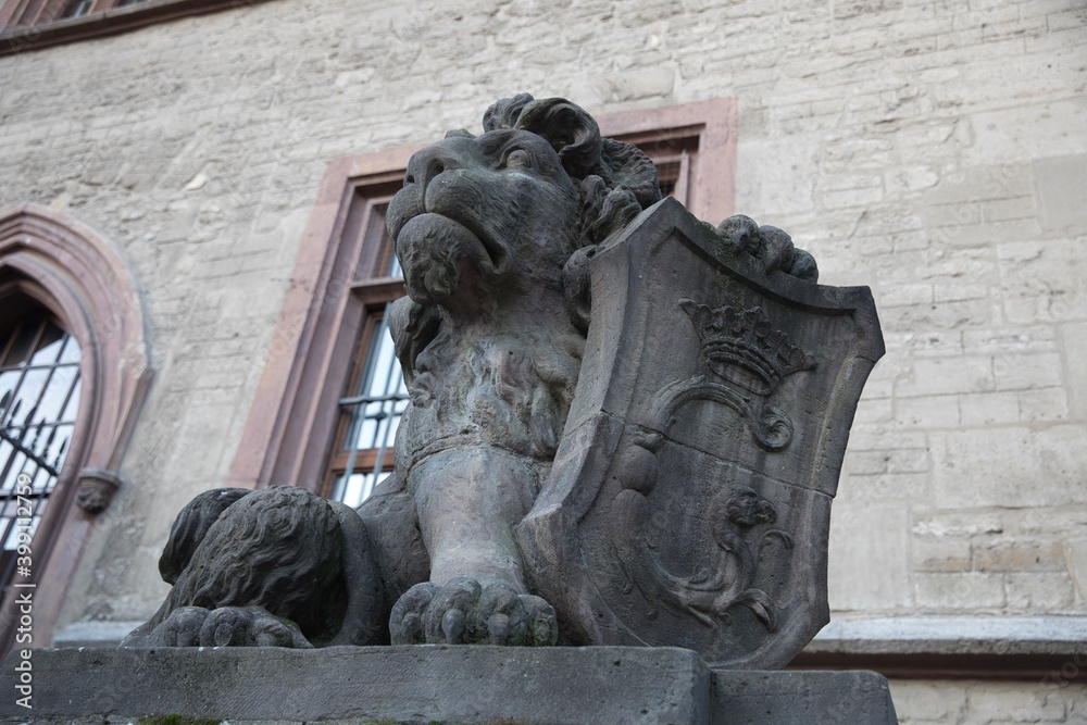 Herlaldic Lion Statue Wappenlowe Gottingen Germany Side View