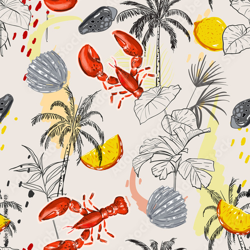 Hand drawn island with summer elements ,lobster,palm tree,shell, lemon and jungle leaves seamless pattern vector EPS1o,Design for fashion , fabric, textile, wallpaper, cover, web , wrapping