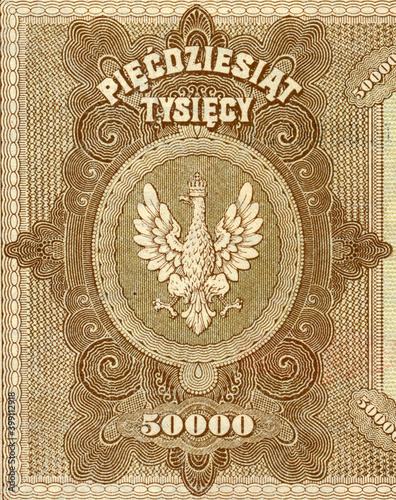 Orzeł Polski - Polska Krajowa Kasa Pożyczkowa - fragment banknotu 50 tysięcy marek polskich z datą 10 października 1922 