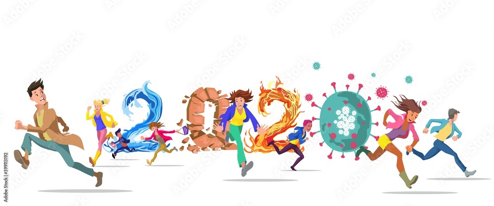 People running in panic with an expression of fear on their faces. The disasters of 2020. Vector illustration. People running in panic with an expression of fear on their faces. The disasters of 2020. Vector illustration.