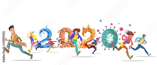 People running in panic with an expression of fear on their faces. The disasters of 2020. Vector illustration.