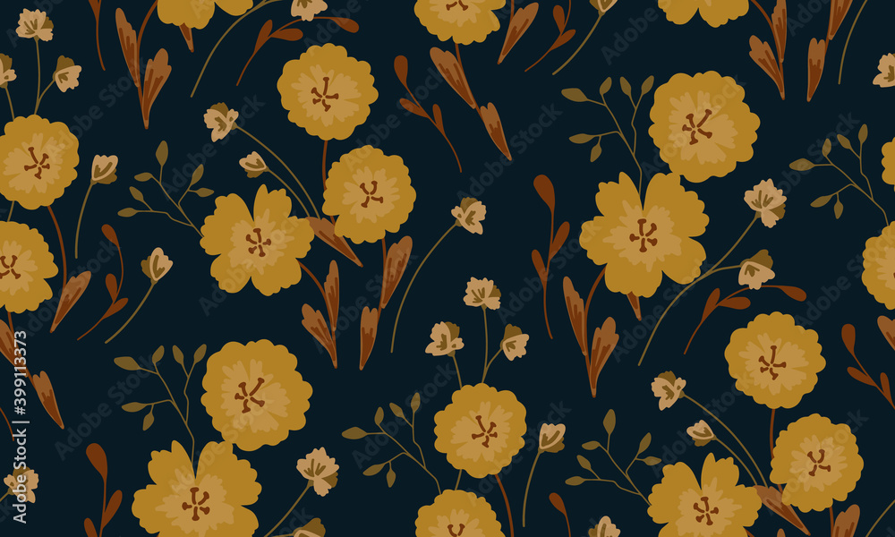 Simple seamless pattern with painted flowers. Decorative flowers, leaves and twigs. Vector illustration.