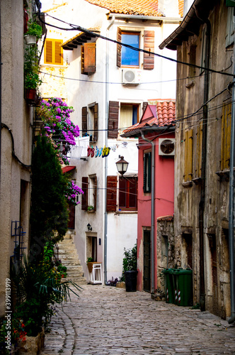 Narrow streets and colorful houses of Rovinj town  Istria  Croatia