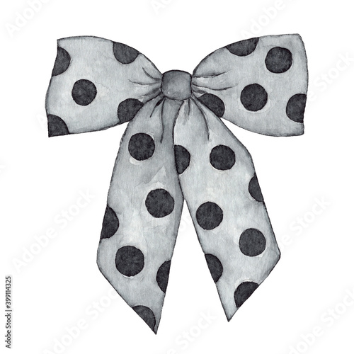 Hair decoration in the form of a beautiful bow. Hair clip bow in black color with polka dots painted in watercolor on a white background.