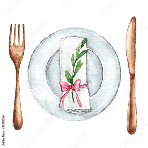 Festive wedding table setting with a plate and cutlery. Cutlery fork and knife watercolor on a white background.