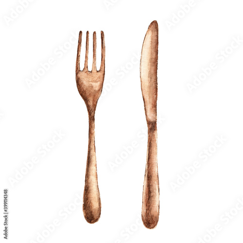 Cutlery fork and knife watercolor on a white background.