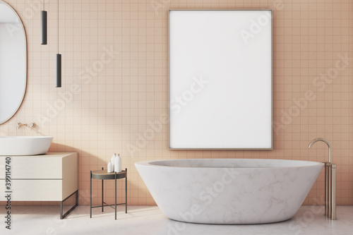 Comfortable bathroom with blank banner on wall.