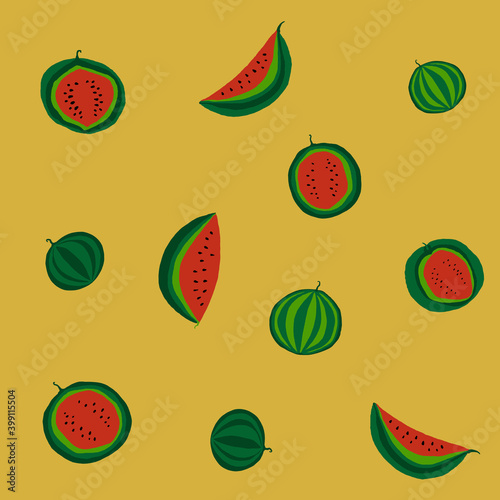 Fototapeta Naklejka Na Ścianę i Meble -  Watermelons on a mustard background. For printing on textiles or for other purposes.