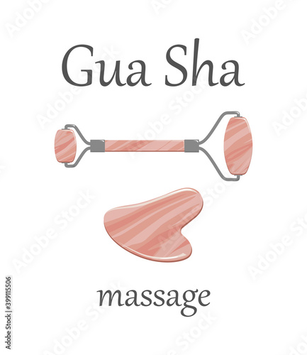 Chinese massage with Gu Sha stones. Massage roller and scraper, vector illustration