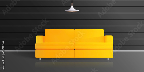 Yellow sofa with a dark room. Realistic vector stylish loft room.