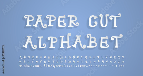 Paper cut alphabet. Flying 3D font, realistic paper cutouts style. Funny cartoon curly letters, numbers, punctuation marks. Vector font set