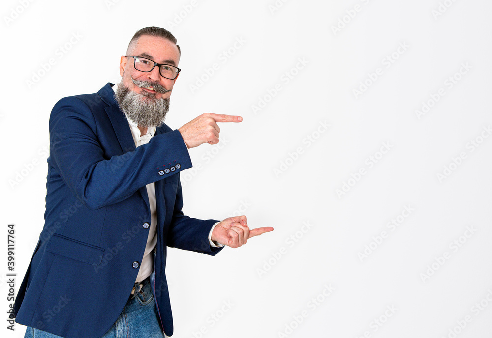 hipster with blue jacket glasses and direct gaze pointing to the side to indicate the copy space in which you can put your logo or advertisement hipster with blue jacket glasses and direct gaze pointing to the side to indicate the copy space in which you can put your logo or advertisement