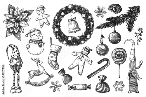 Big Christmas set. Toys, snowman, wreath and other Christmas elements. Sketch