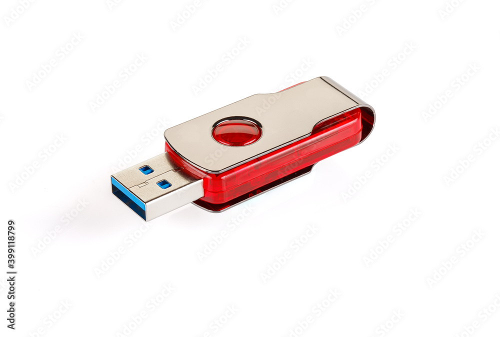 Red and silver USB 3.0 flash drive isolated on white background . USB Pen Drive or flash drive on white background. Close-up. Full depth of field. Red and silver USB 3.0 flash drive isolated on white background . USB Pen Drive or flash drive on white background. Close-up. Full depth of field.