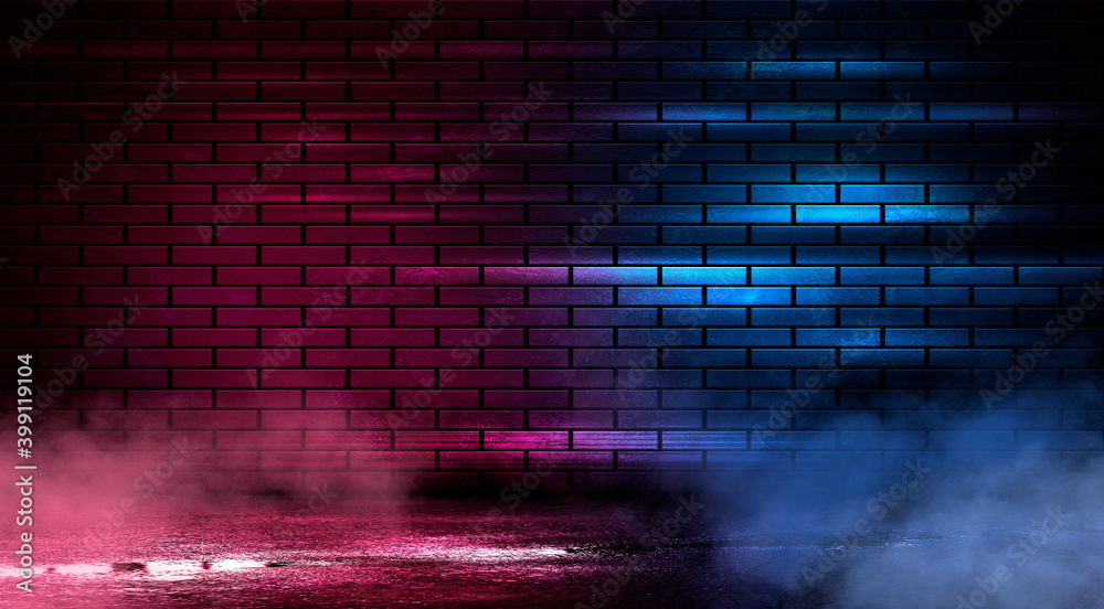 Dark empty brick wall, blue and red neon lights. Night city street, narrow corridor, night lights. Dark empty brick wall, blue and red neon lights. Night city street, narrow corridor, night lights.