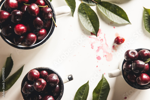 Cherry. Cherries in white bowl. Red cherry. Fresh cherries.  photo