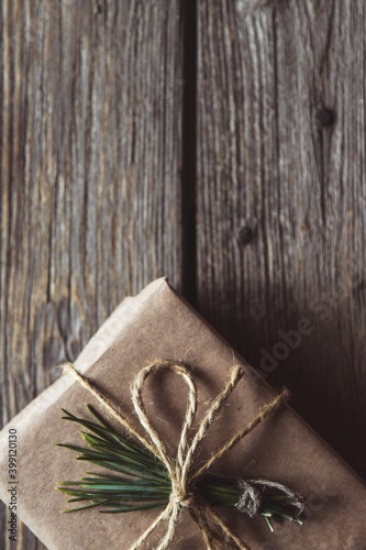 Vintage gift box on old wooden background.