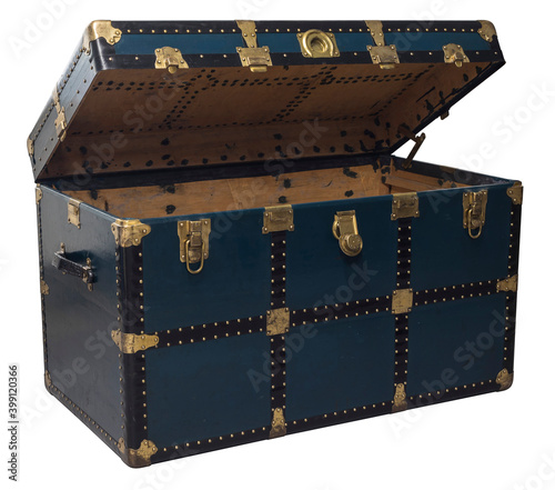 Antique Tin Travel Trunk Steamer Chest closed isolated on white background photo