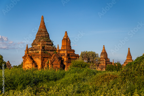 Ancient Buddhist pagodas in the old city of Bagan  the world heritage site. Myanmar  Burma . Travel Asia.