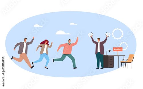 People employee character compete for new job. Head hunting recruitment concept. Vector flat graphic simple illustration