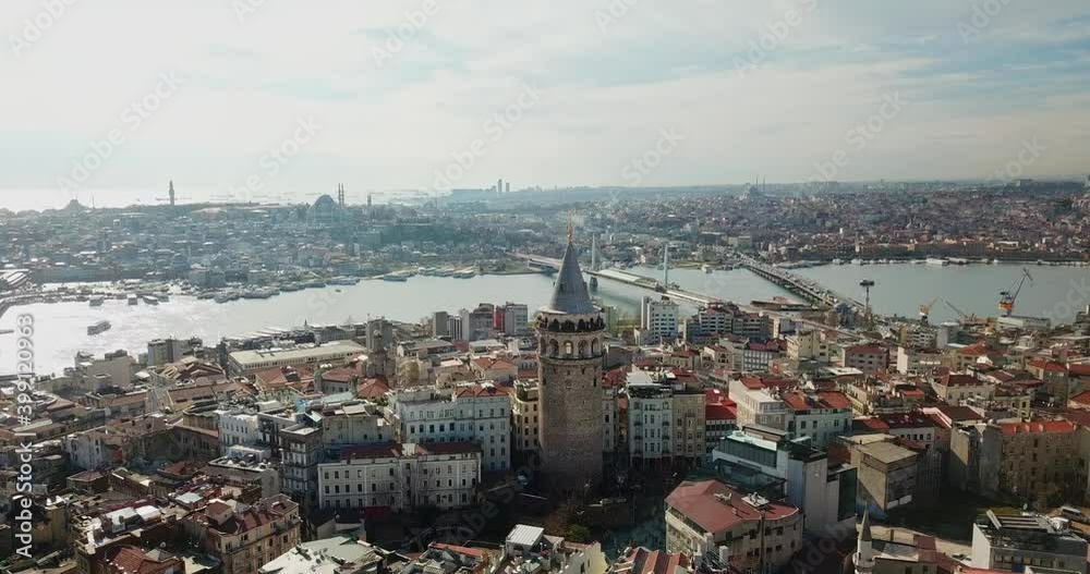 Aerial view of Galata Tower and Golden Horn. Istanbul Historical Peninsula Landscape. 4K Footage in Turkey Aerial view of Galata Tower and Golden Horn. Istanbul Historical Peninsula Landscape. 4K Footage in Turkey